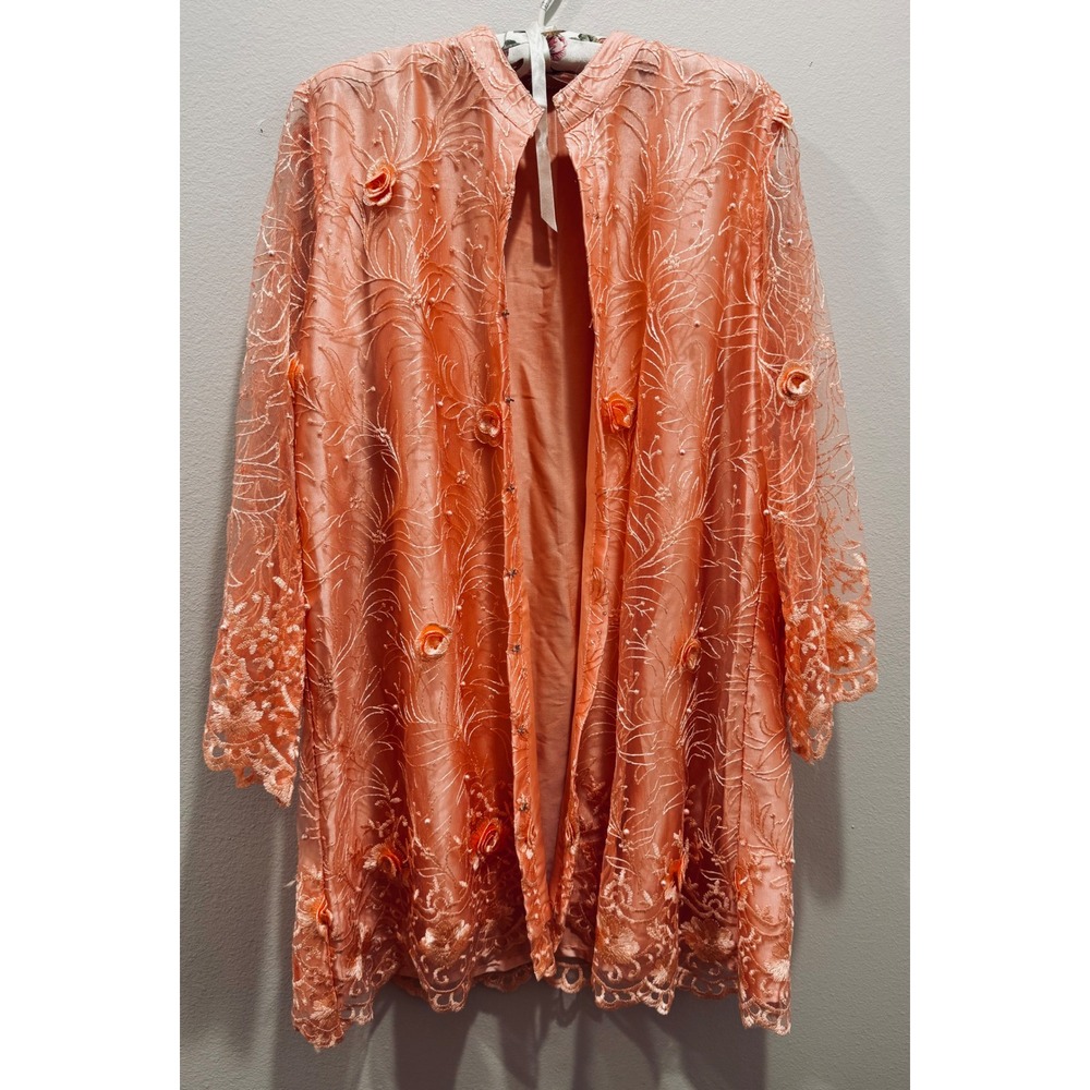 Tasuvure Peach Lace Floral Embroidered Tunic Mandarin Collar 3D Rosette L Large